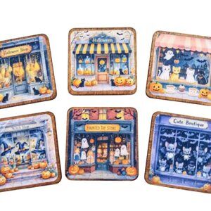 Set Of 6 Halloween Shops Miniature 2 Inch Square Store Fronts Wood Signs Set A